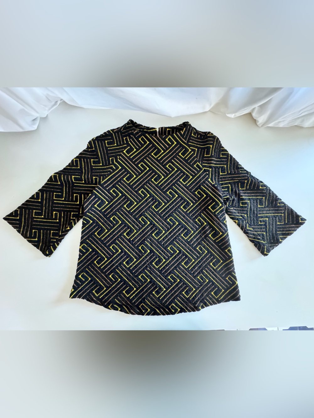 W5 Black Long-Sleeve Top with Gold Geometric Print